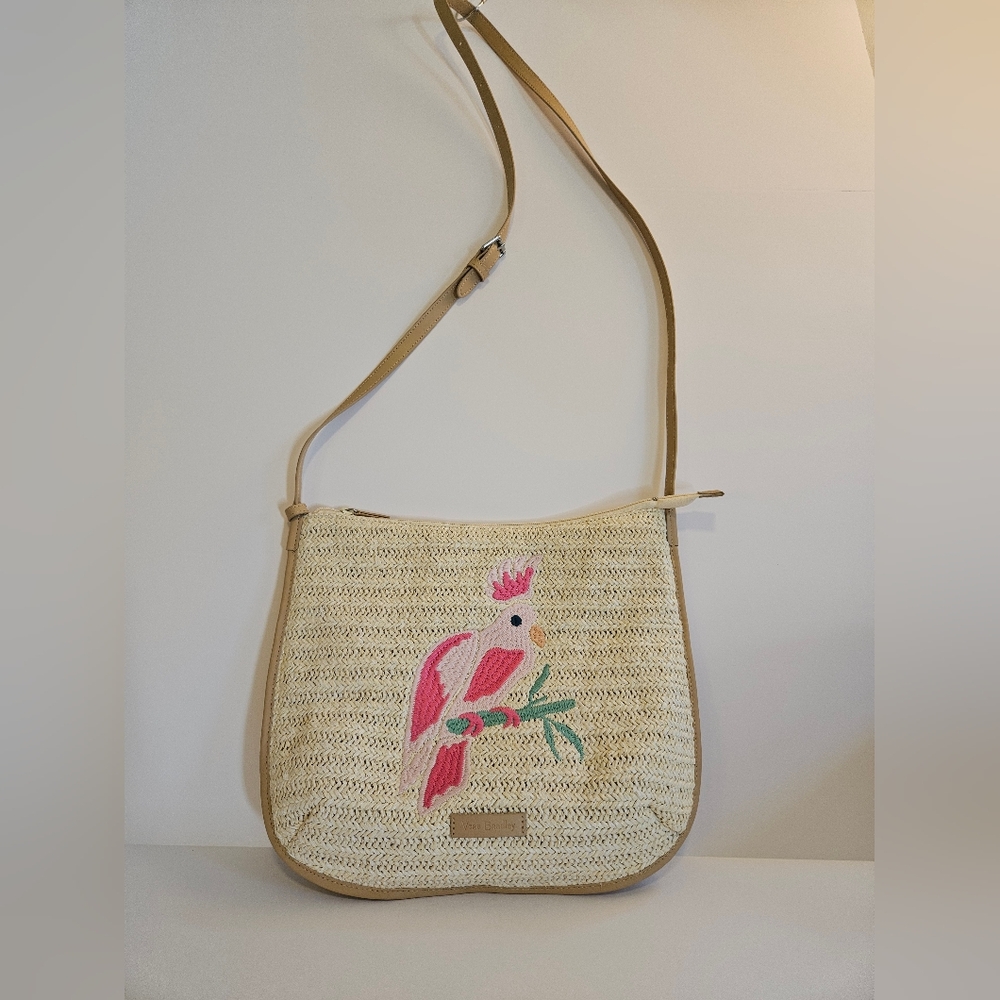 VERA BRADLEY Straw Crossbody with Pink Cockatoo Parrot.